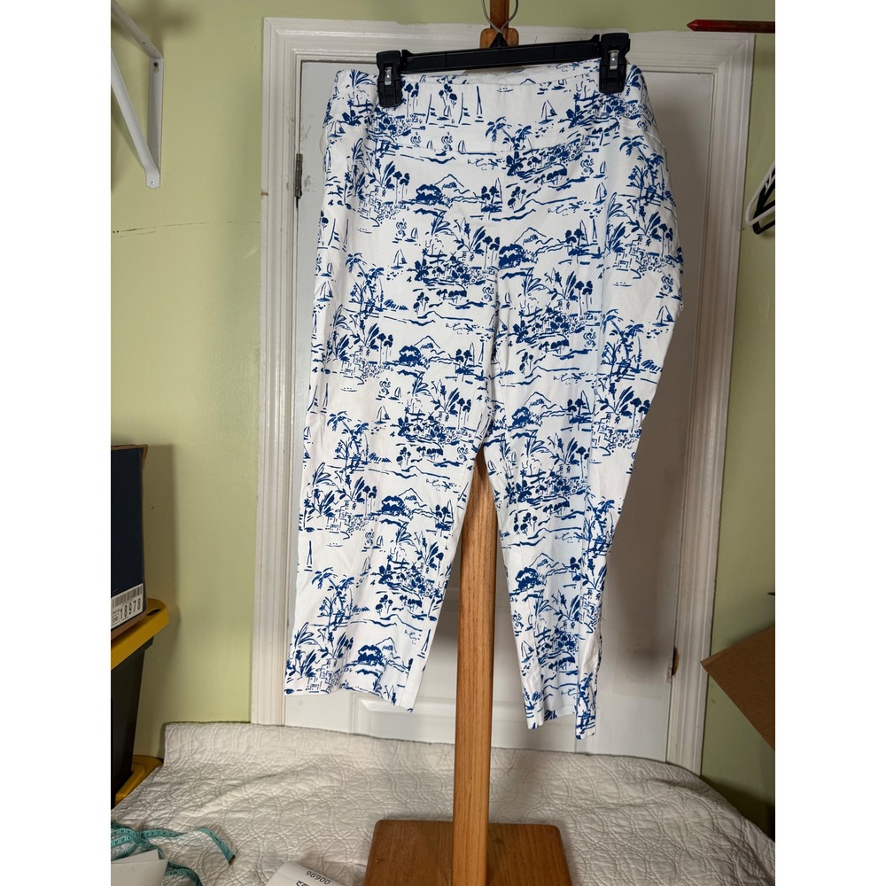 Hope & Harlow Blue White Nautical Toile Sailboat Print Cropped Pants Womens 16